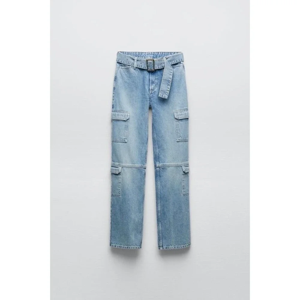 Zara Women's Light Blue Denim Belted Cargo Jeans SZ 4